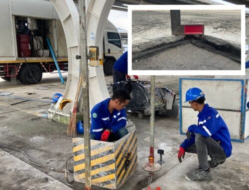 ซ่อมพื้นทรุดใต้ฐานเสาหลังคาลานจอดรถ จังหวัดชลบุรี